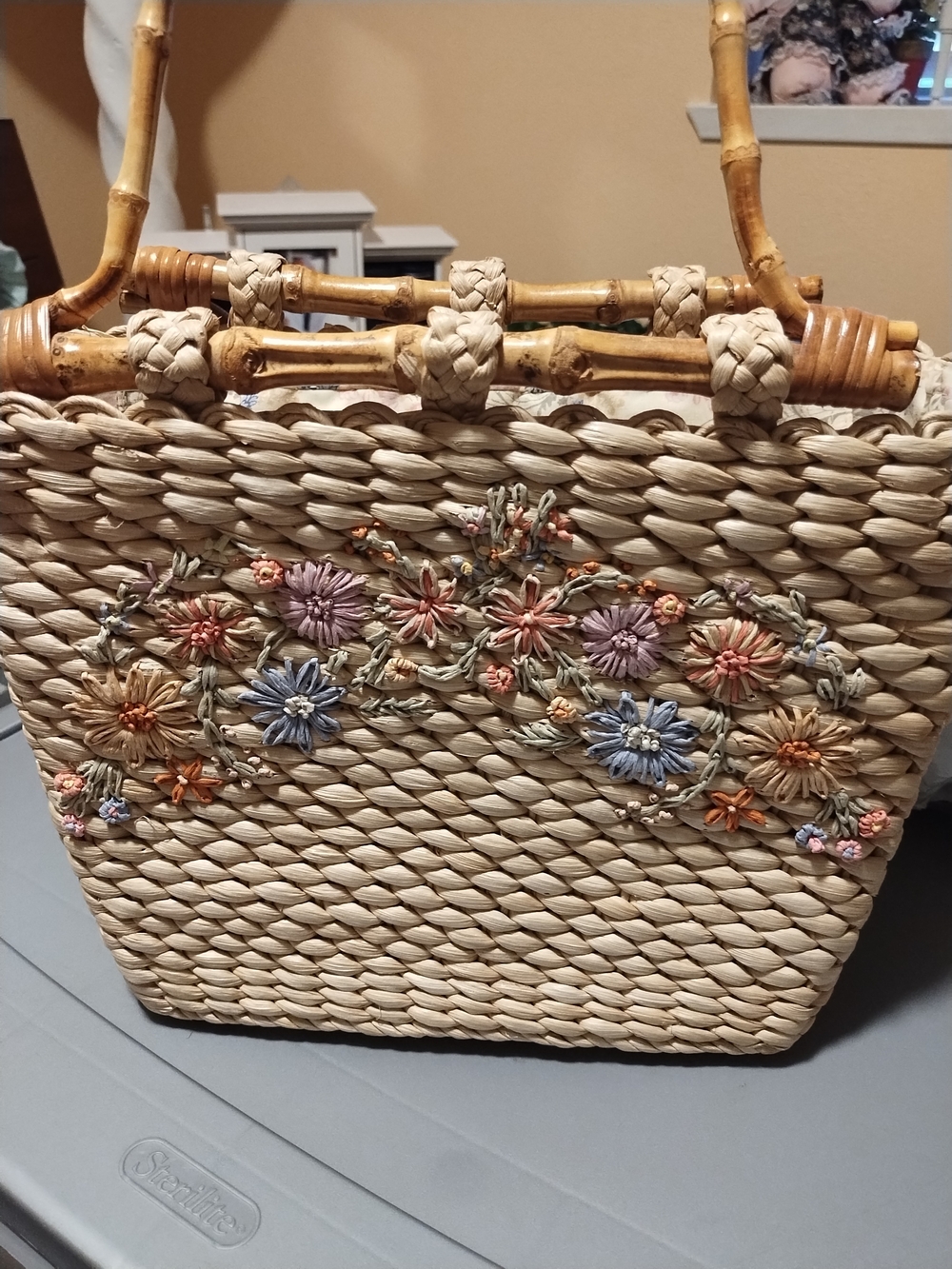 Woven Straw Floral Tote Bag with Embroidered Flowers